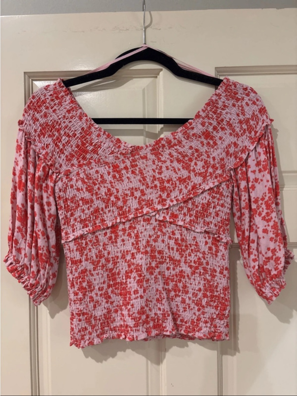 BB Dakota Pink and Red Smocked Off-Shoulder Floral Blouse